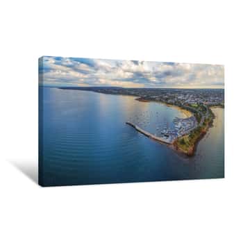Image of Aerial Panoramic View Of Mornington Pier And Peninsula Coastline, Showcasing The Yacht Club, Moored Boats, And Suburban Area At Sunset  Melbourne, Victoria, Australia Canvas Print