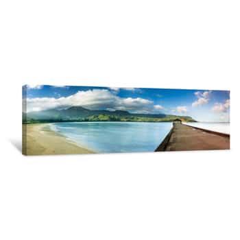 Image of Widescreen Panorama Of Hanalei Bay And Pier On Kauai Hawaii Canvas Print