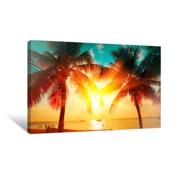 Image of Sunset Beach With Tropical Palm Tree Over Beautiful Sky  Palms And Beautiful Sky Background  Tourism, Vacation Concept Backdrop  Palms Silhouettes Over Orange Sun Canvas Print