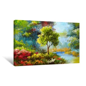 Image of Oil Painting, Flowers And Trees Near The River, Sunset Canvas Print