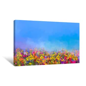 Image of Abstract Art Oil Painting Of Summer-spring Flowers  Cornflower, Daisy Flower In Fields  Meadow Landscape With Wildflower, Purple-blue Sky Color Background  Hand Paint Floral Impressionist Style Canvas Print