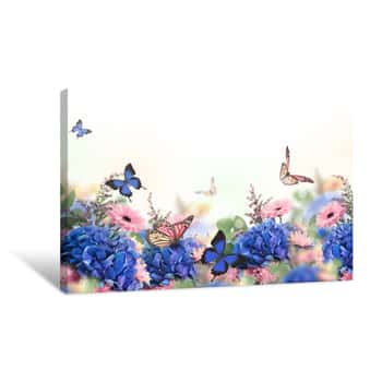Image of Amazing Background With Hydrangeas And Daisies  Yellow And Blue Flowers On A White Blank  Floral Card Nature  Bokeh Butterflies Canvas Print