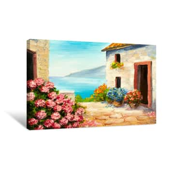 Image of Oil Painting, House Near The Sea, Sea Coast, Colorful Flowers, Summer Seascape Canvas Print