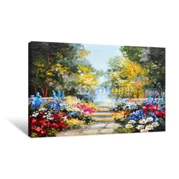 Image of Oil Painting Landscape - Colorful Summer Forest, Beautiful Flowers Canvas Print