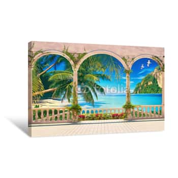 Image of Terrace With Colonnade Overlooking The Tropical Bay  Digital Painting  Imitation Of Oil Painting Canvas Print