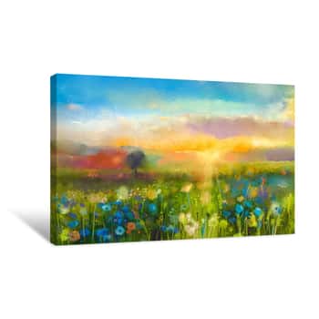 Image of Oil Painting  Flowers Dandelion, Cornflower, Daisy In Fields  Sunset  Meadow Landscape With Wildflower, Hill And Sky In Orange And Blue Color Background  Hand Paint Summer Floral Impressionist Style Canvas Print