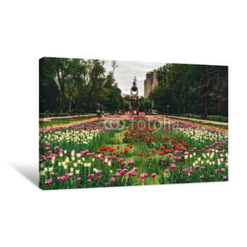 Image of Almaty Central Park View With Colourful Tulips In The Foreground Canvas Print