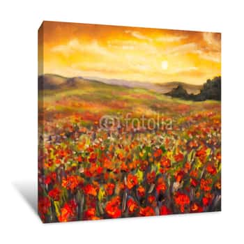 Image of Colorful Field Of Red Poppies At Sunset Hand Made Oil Painting On Canvas  Impressionist Art Canvas Print
