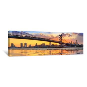 Image of Panorama Of Philadelphia Skyline, Ben Franklin Bridge And Penn\'s Wall at Sunset Canvas Print