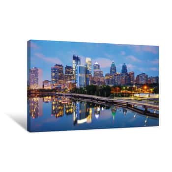 Image of Philadelphia Skyline At Night With River Reflection Canvas Print