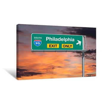 Image of Philadelphia Exit Only Highway Sign With Sunrise Sky Canvas Print