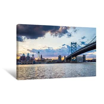 Image of Sunset Skyline Of Philadelphia Pennsylvania From Camden New Jersey With Benjamin Franklin Bridge Canvas Print