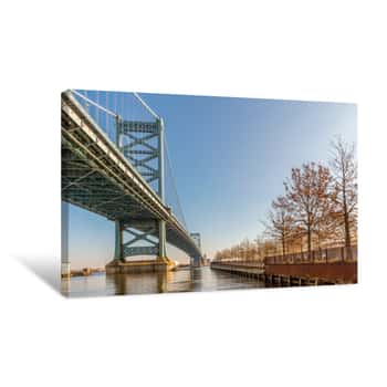 Image of Park, Delaware River, And Benjamin Franklin Bridge Into Downtown Philadelphia, Pennsylvania Canvas Print