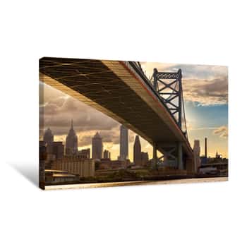 Image of Philadelphia Skyline And Ben Franklin Bridge At Sunset, US Canvas Print