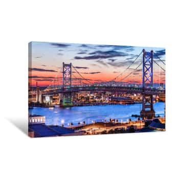 Image of Ben Franklin Bridge With Beautiful Sunset Canvas Print