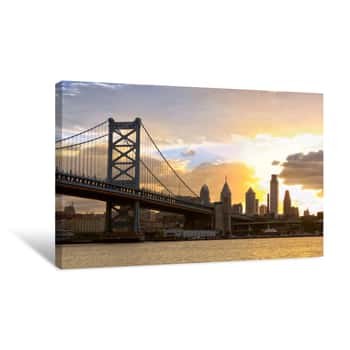 Image of Philadelphia Skyline And Ben Franklin Bridge At Sunset, United States Canvas Print