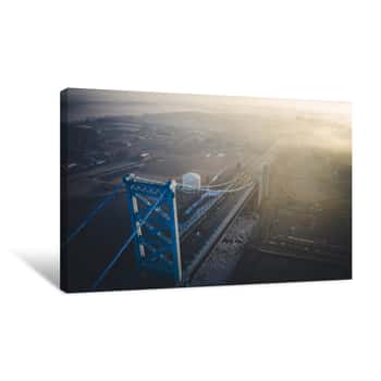Image of Birdseye View Of Foggy Sunrise Benjamin Franklin Bridge Canvas Print