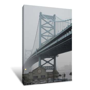 Image of PHILADELPHIA, PENNSYLVANIA, USA - MARCH 19, 2018: View Of Ben Franklin Bridge In Snowy And Foggy Weather Canvas Print