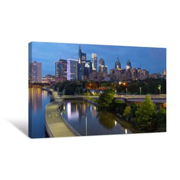 Image of Philadelphia Skyline At Sunset With Schuylkill Bank Boardwalk In Foreground Canvas Print