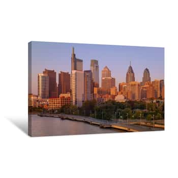 Image of Philadelphia Cityscape In Sunset Light  Trail Track And Skysrapers In Background  Pennsylvania Canvas Print