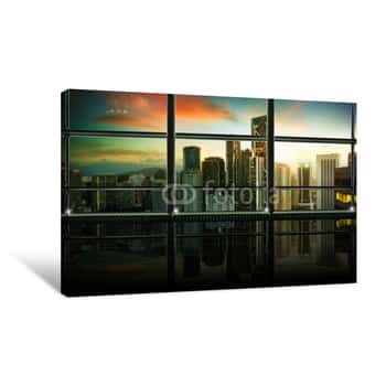 Image of Modern Empty And Clean Office Interior With Glass Windows , Modern City Skyline Background , Early Morning Scene Canvas Print