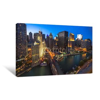 Image of Chicago Skyline Aerial View At Dusk, United States Canvas Print