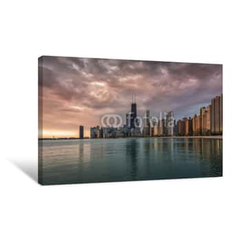Image of Chicago Downtown Beautiful Sunrise With Water Reflections Canvas Print
