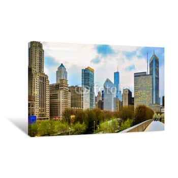 Image of Chicago Downtown Skyline In The Evening Seen From Pedestrian Bridgeway Canvas Print