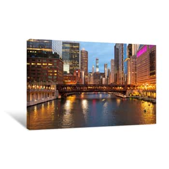 Image of Chicago Downtown Evening Skyline River Bridge Buildings 2019 September Canvas Print