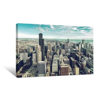 Image of Aerial View Of Chicago Downtown Skyline, Skyscrapers With Vintage Colors Canvas Print