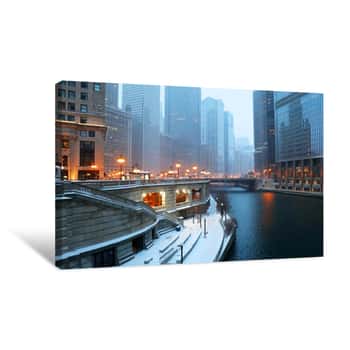 Image of Urban Architecture Background, Big City Life Concept  Beautiful Chicago Downtown Cityscape Twilight Winter View During Snowfall  Illinois, Midwest USA Canvas Print