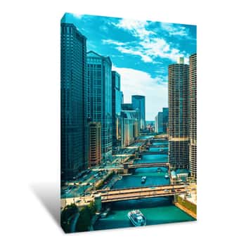 Image of Chicago River With Boats And Traffic In Downtown Chicago Canvas Print