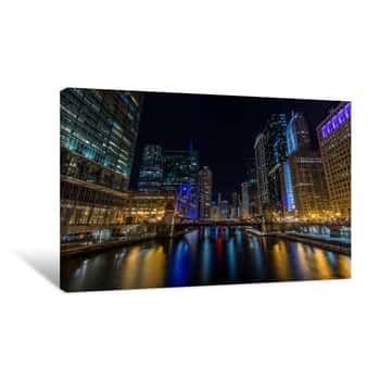Image of Chicago Downtown By The River At Night Canvas Print