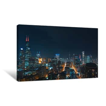 Image of Downtown Chicago Cityscape Skyscrapers Skyline At Night Canvas Print