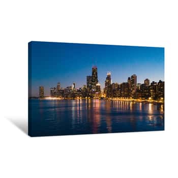 Image of Chicago Skyline At Night From North Avenue Beach Canvas Print
