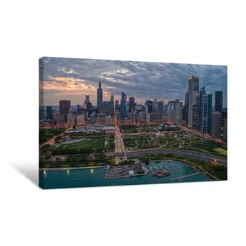 Image of Aerial View Of The Chicago Skyline From Above The Harbor On Lake Michigan Canvas Print