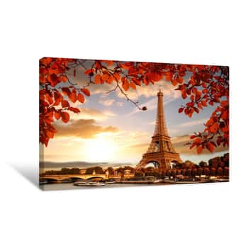 Image of Eiffel Tower With Autumn Leaves In Paris, France Canvas Print