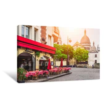Image of Cozy Street With Tables Of Cafe In Quarter Montmartre In Paris, France Canvas Print