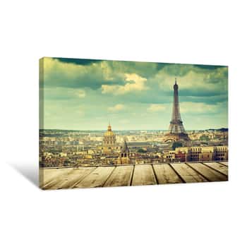 Image of Background With Wooden Deck Table And Eiffel Tower In Paris Canvas Print