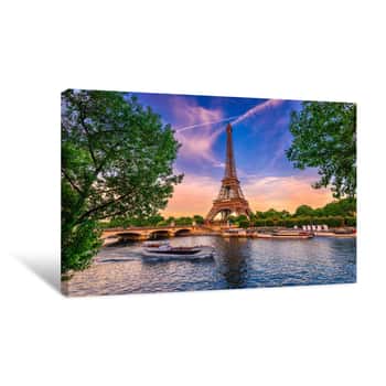Image of Paris Eiffel Tower And River Seine At Sunset In Paris, France  Eiffel Tower Is One Of The Most Iconic Landmarks Of Paris Canvas Print