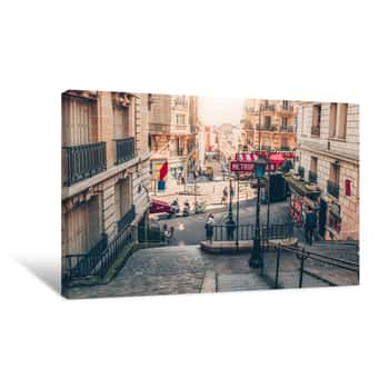 Image of Typical Montmartre Staircase And Entrance To Paris Metro Subway In Paris, France Canvas Print