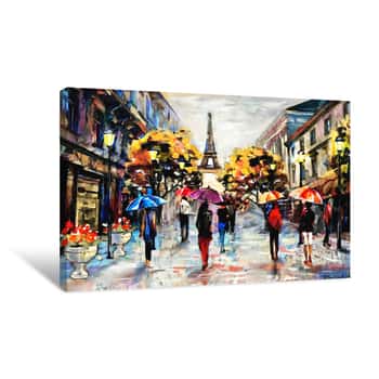Image of Oil Painting On Canvas, Street View Of Paris  Artwork  Eiffel Tower   People Under A Red, Blue Umbrella  Tree  France Canvas Print