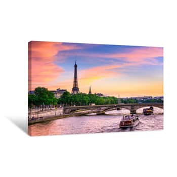 Image of Sunset View Of Eiffel Tower And Seine River In Paris, France Canvas Print
