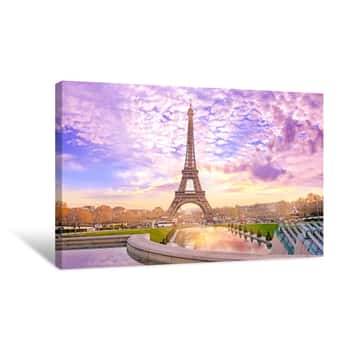 Image of Eiffel Tower At Sunset In Paris, France  Romantic Travel Background Canvas Print