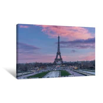Image of The Eiffel Tower With Blue And Purple Sky In Paris, France Canvas Print