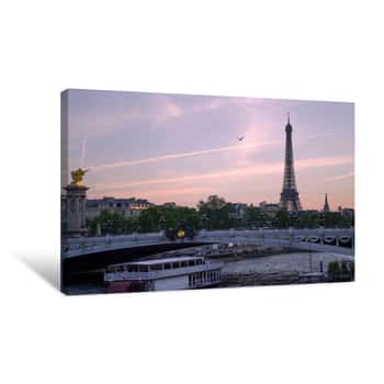 Image of Beautiful Sunset Over The River Seine  Sailing Pleasure Boats With Tourists, The Pont Alexandre III And The Eiffel Tower In The Background Canvas Print