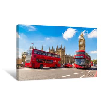 Image of Big Ben, Westminster Bridge, Red Bus In London Canvas Print