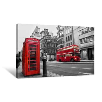 Image of Cabine Téléphonique Et Bus Rouges à Londres (UK) Canvas Print