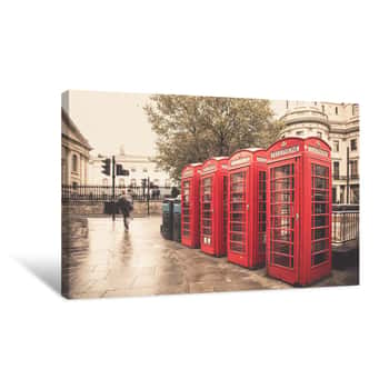 Image of Vintage Style  Red Telephone Booths On Rainy Street In London Canvas Print