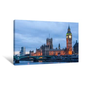 Image of Palace Of Westminster, Big Ben Clock Tower And Westminster Bridge In  London Canvas Print